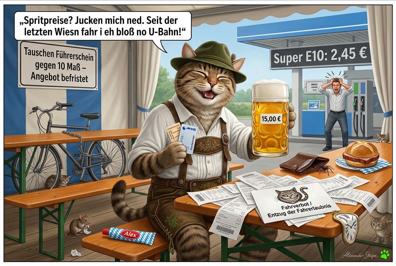 Spritpreise und Ma&szlig; Bier Karikatur