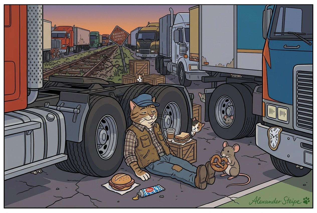 LKW Parkplatznot und Schienen-Utopie Karikatur