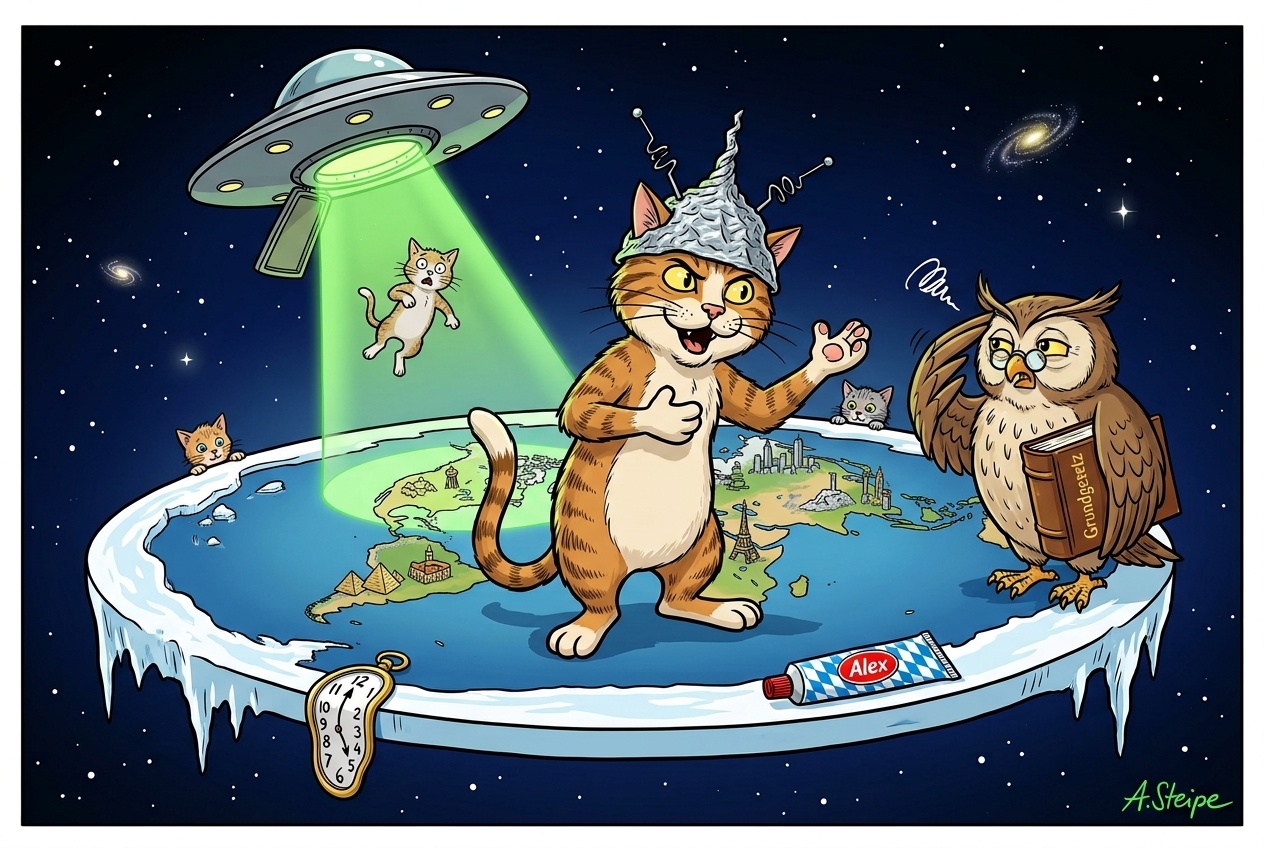 Aluhut-Katze auf Flacherde und Grundgesetz-Eule Karikatur