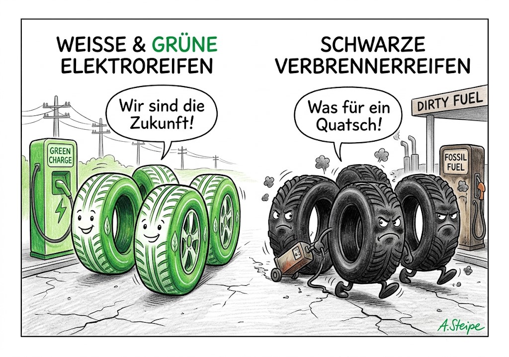 Weiße und grüne Elektroreifen vs schwarze Verbrennerreifen
