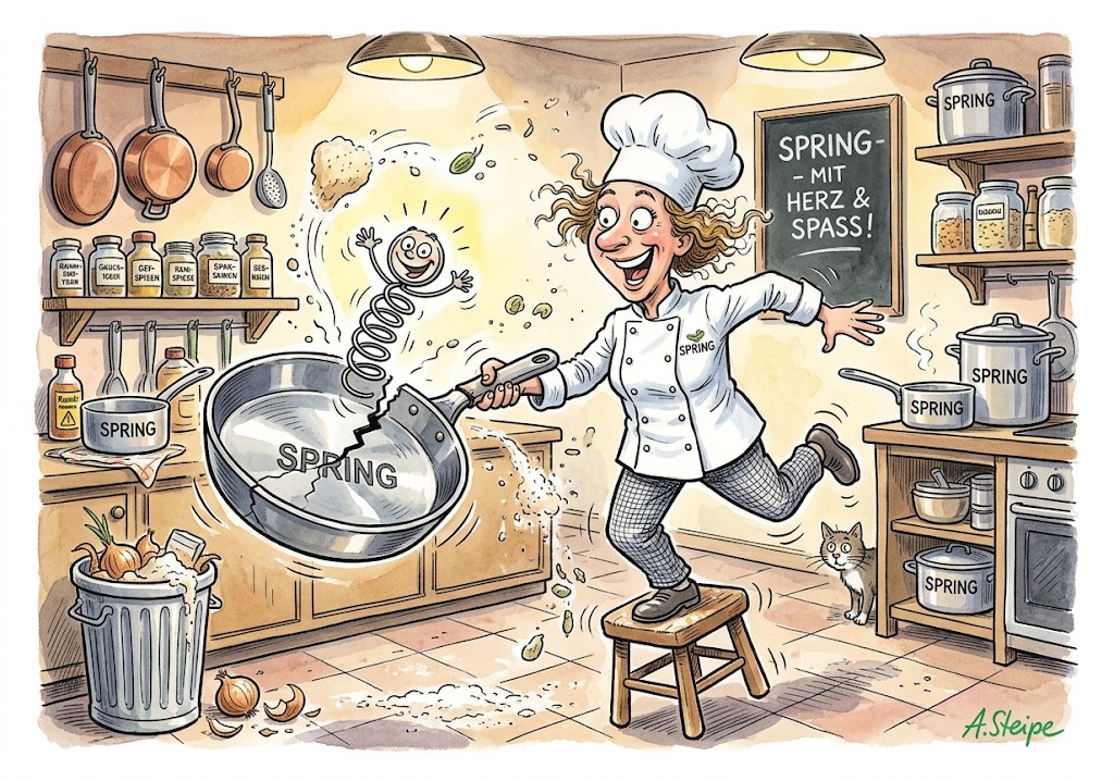 Springende Pfanne mit Feder in der Küche
