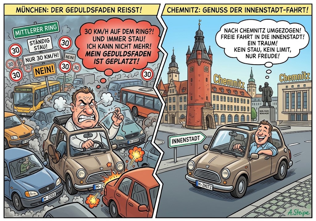 M&uuml;nchner Stauchaos im Vergleich zur freien Fahrt in Chemnitz