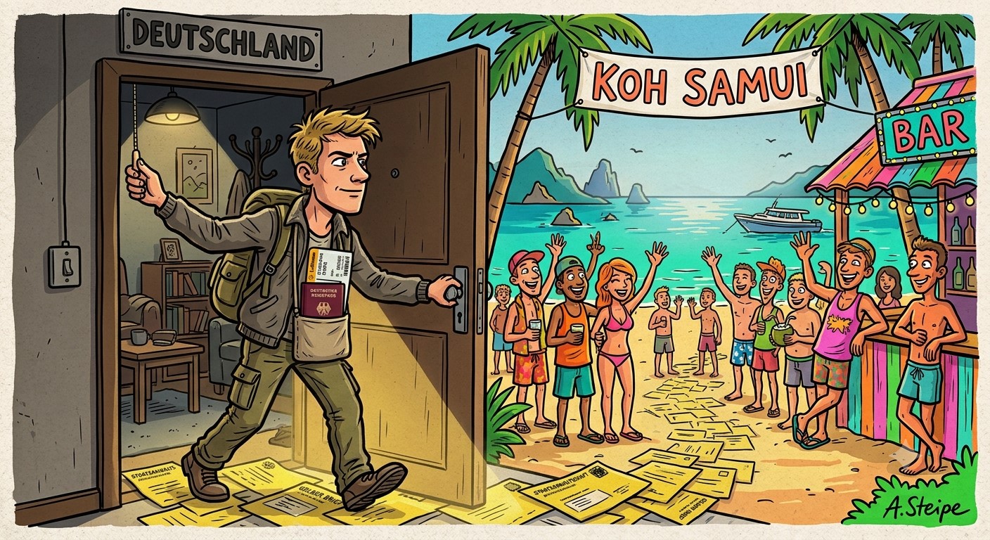 Abreise aus Deutschland nach Koh Samui mit gelben Briefen am Boden