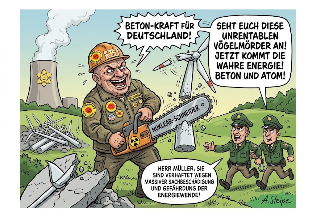 Beton-Kraft Bef&uuml;rworter zers&auml;gt Windrad mit Nuklear-Schneider
