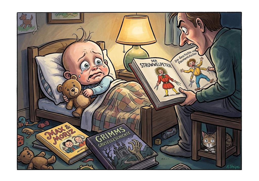 Vater liest dem Baby schaurige Geschichten aus dem Struwwelpeter vor