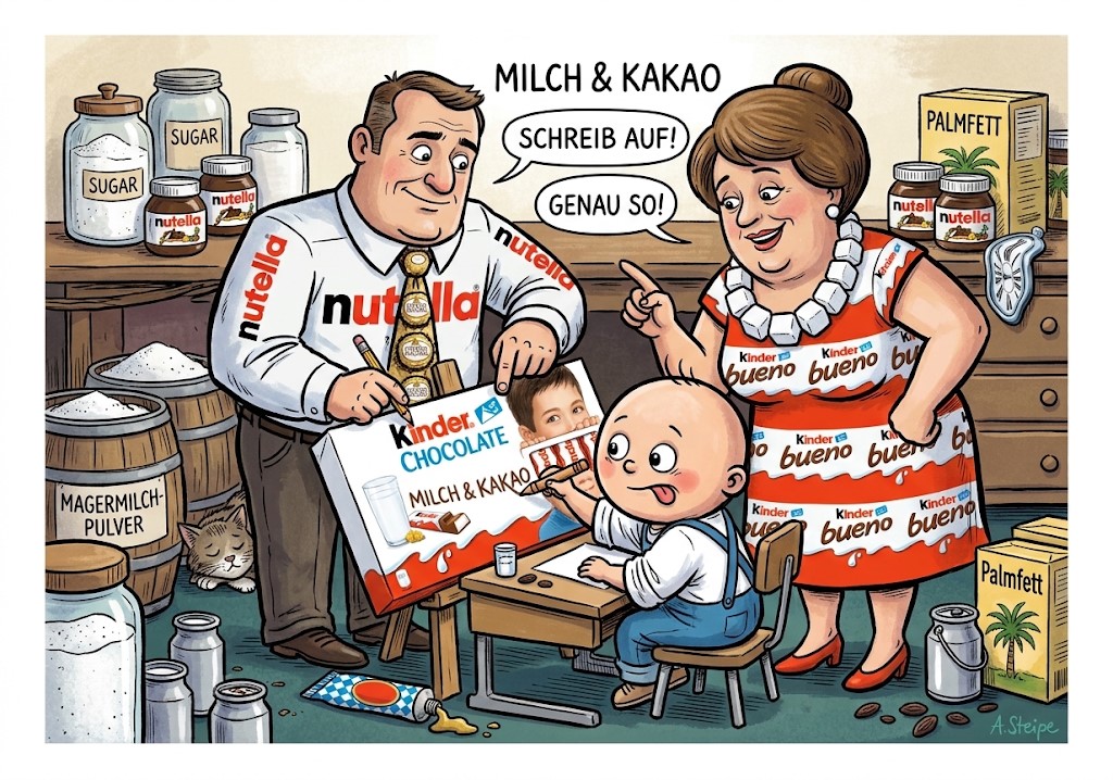 Ferrero-Eltern diktieren dem Kind Schokolade das Milch und Kakao Logo