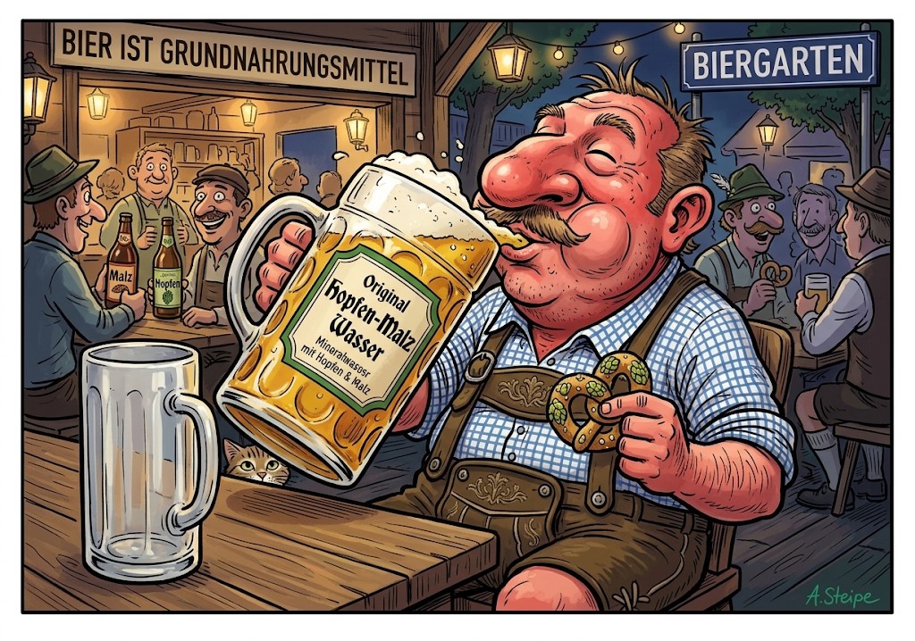 Mann trinkt im Biergarten gen&uuml;sslich Hopfen-Malz-Wasser aus der Ma&szlig;