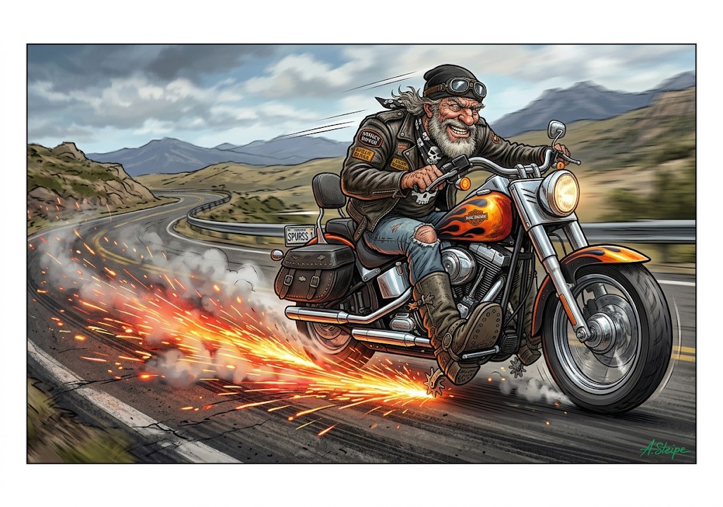 Biker erzeugt mit Sporen und Stiefeln Funkenflug auf dem Asphalt