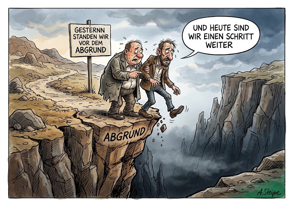 Zwei M&auml;nner an der Klippe: Gestern standen wir am Abgrund heute sind wir einen Schritt weiter
