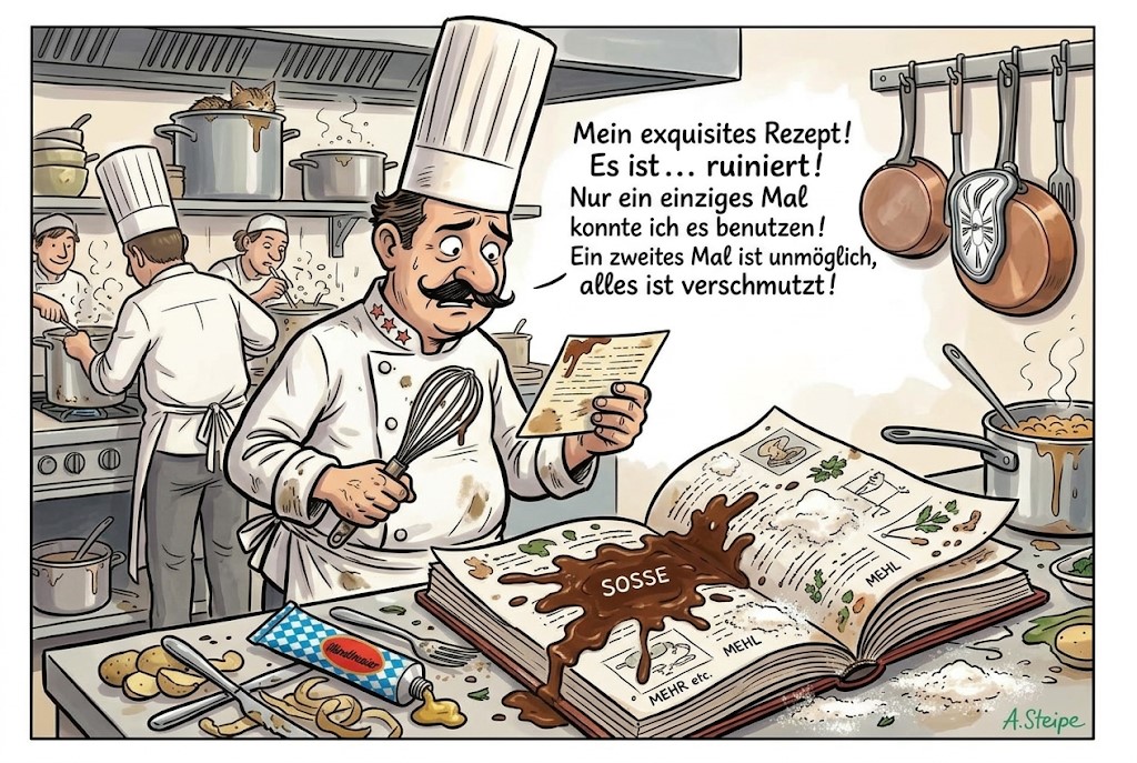 Verzweifelter Koch mit mit So&szlig;e verschmiertem Kochbuch