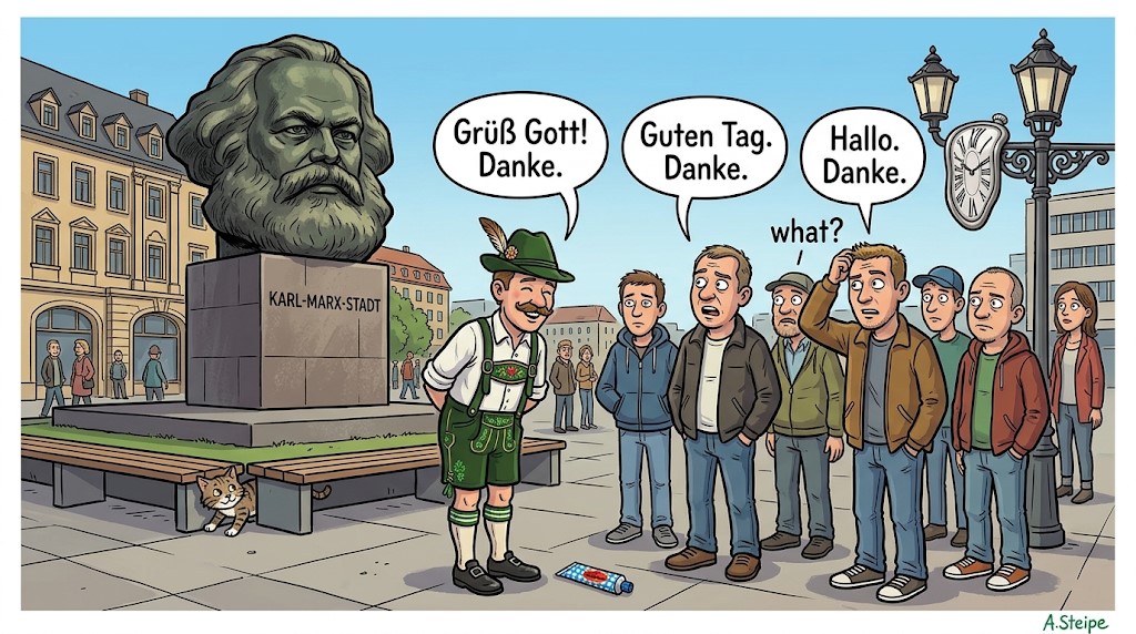 Gr&uuml;&szlig; Gott in Sachsen am Karl-Marx-Monument