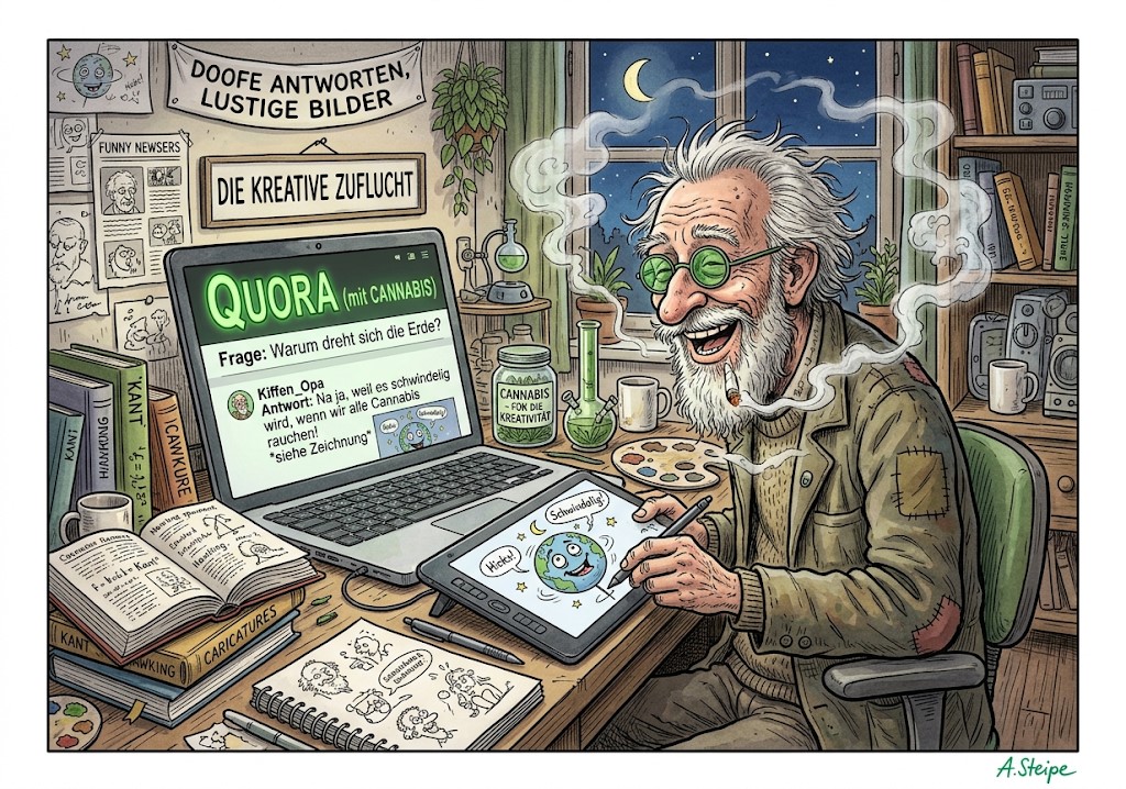 Kiffender Senior zeichnet humorvolle Antworten f&uuml;r Quora am Zeichentablet