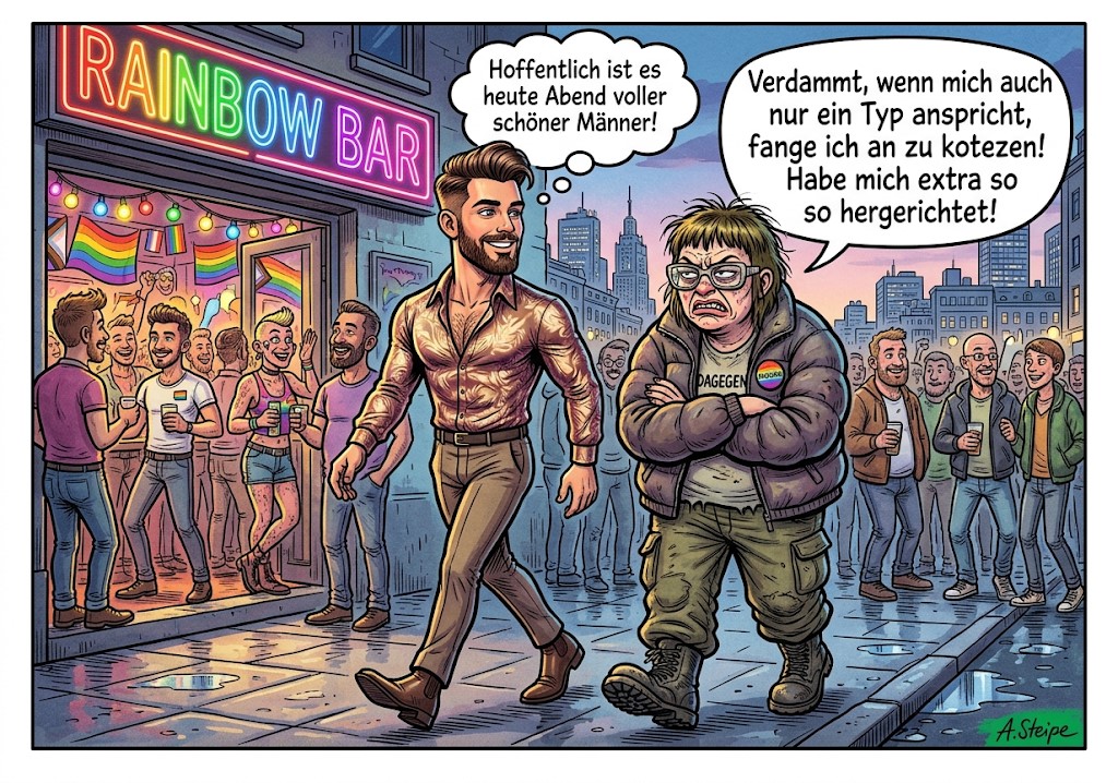 Klischees vor der Rainbow Bar &uuml;ber Kleidung und Anmache
