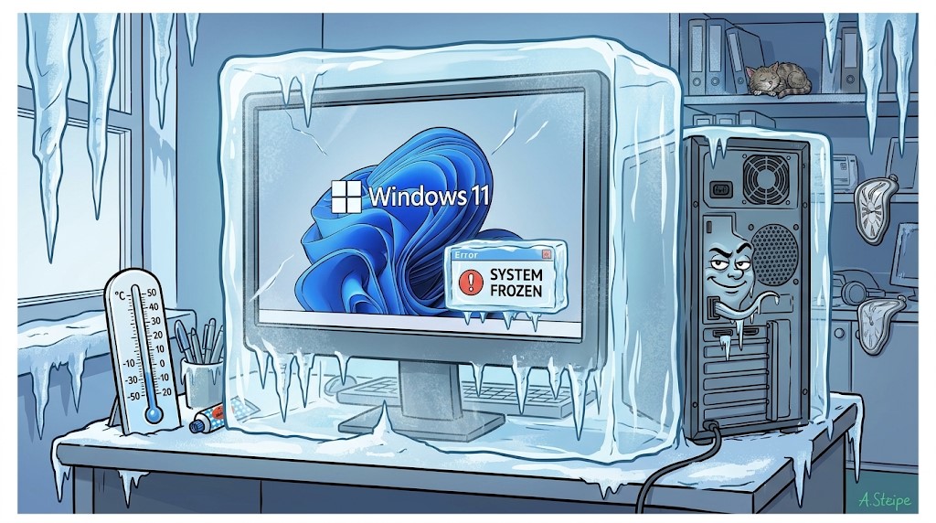 Eingefrorener PC mit Windows 11 und fehlerhafter HDMI-Verbindung im Eisblock