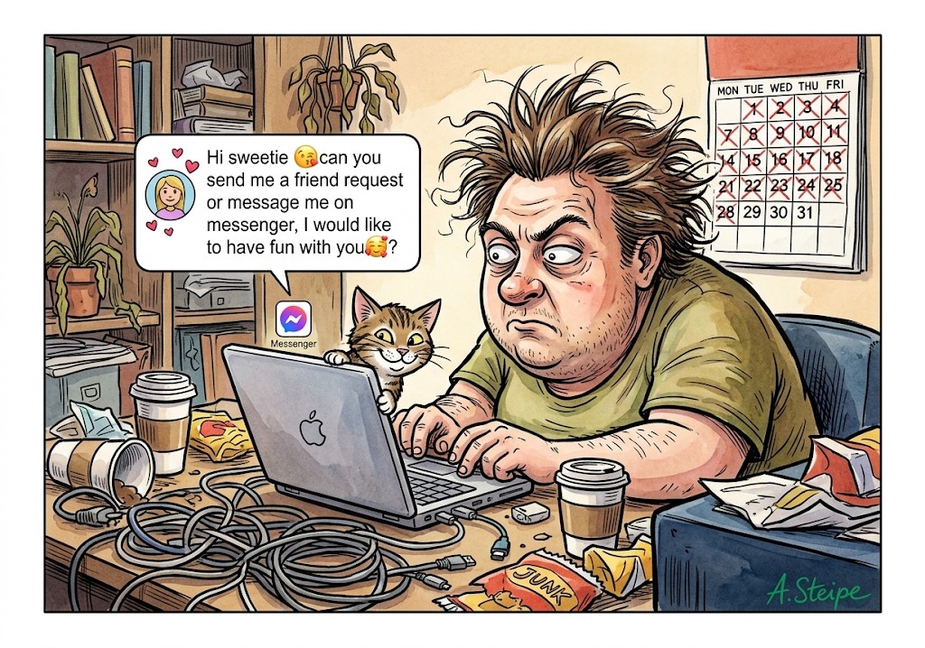 Freiberuflicher Karikaturist im Kabelchaos erh&auml;lt Spam-Nachrichten auf Messenger