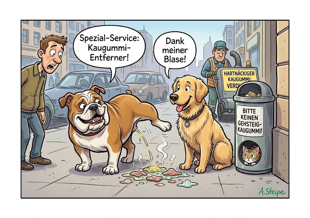 Hund nutzt Urin als Spezial-Service zur Kaugummientfernung auf dem Gehsteig