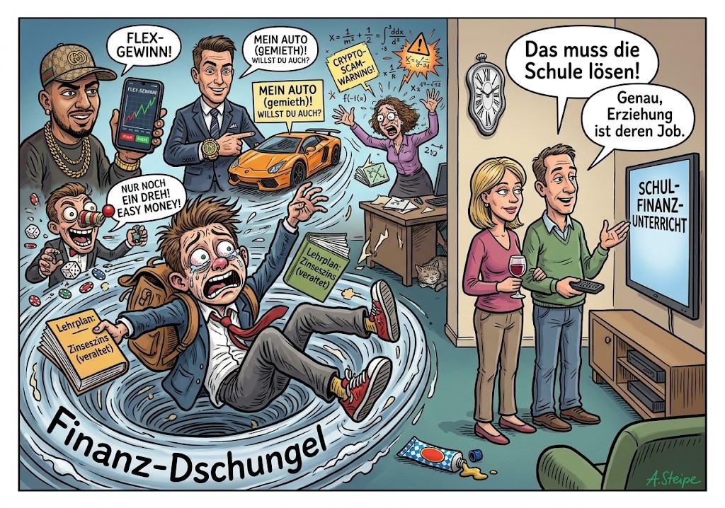 Sch&uuml;ler im Strudel des Finanzdschungels w&auml;hrend Eltern Verantwortung an die Schule abschieben