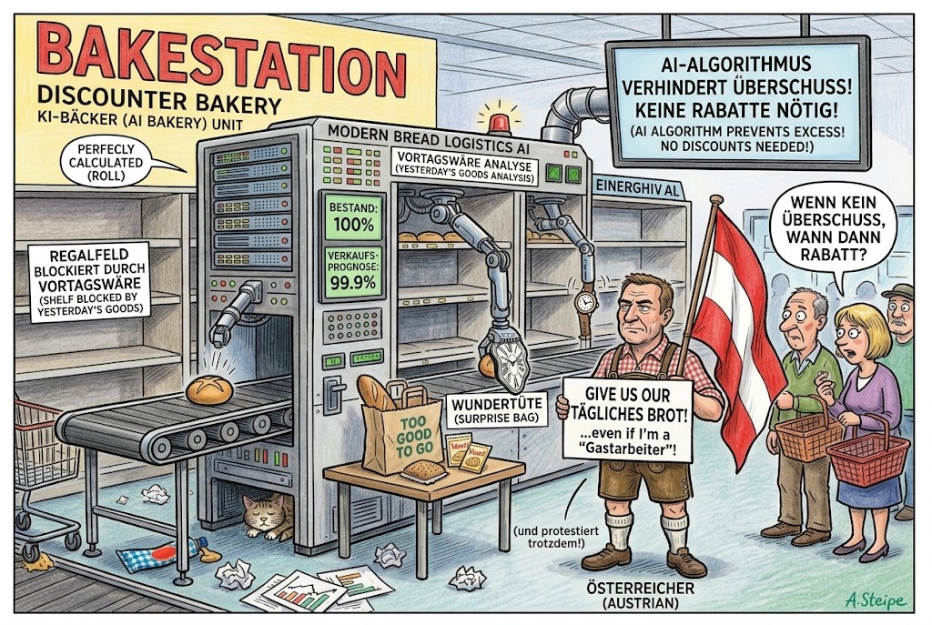 KI-Backstation im Discounter optimiert &Uuml;berschuss w&auml;hrend Kunde protestiert