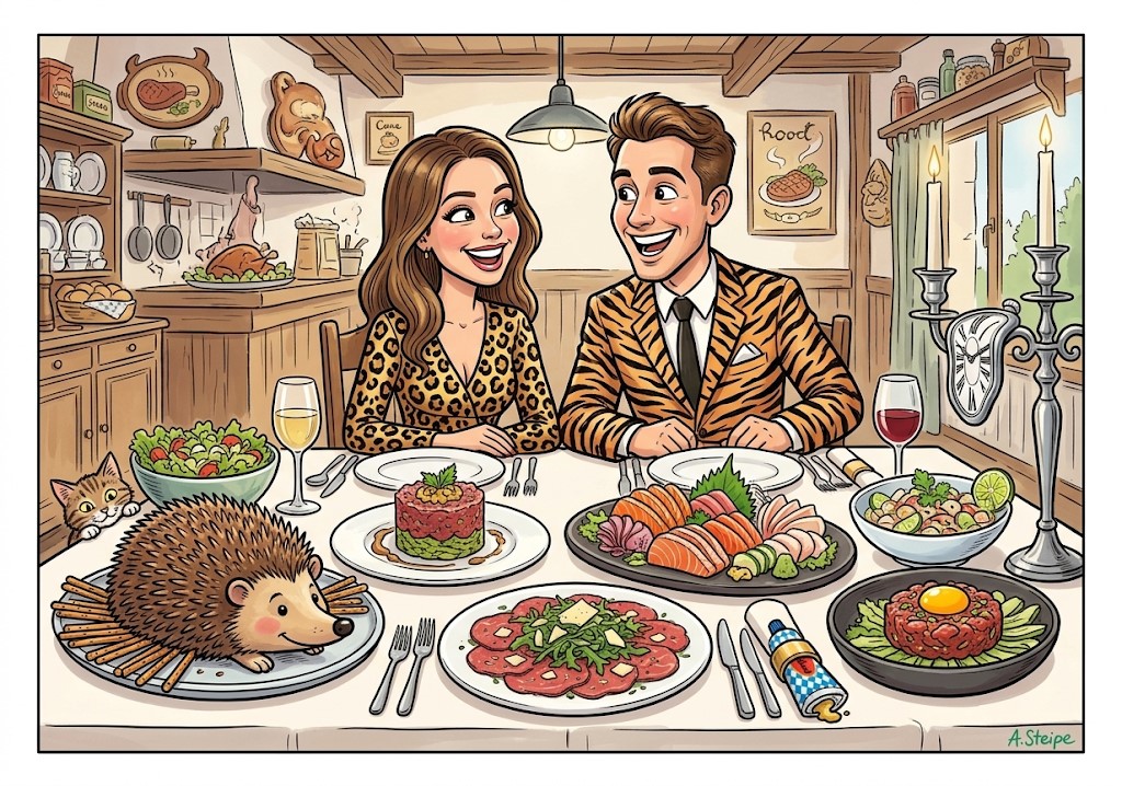 Festmahl mit rohem Fleisch und Fisch wie Mettigel, Tatar, Sashimi und Carpaccio