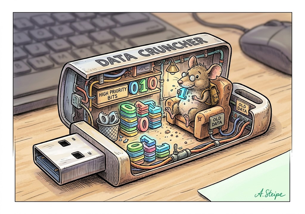 Maus als Data Cruncher knabbert Bits im Inneren eines USB-Sticks an