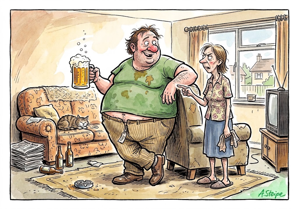 Gem&uuml;tlicher Biertrinker mit Bierbauch und skeptische Ehefrau