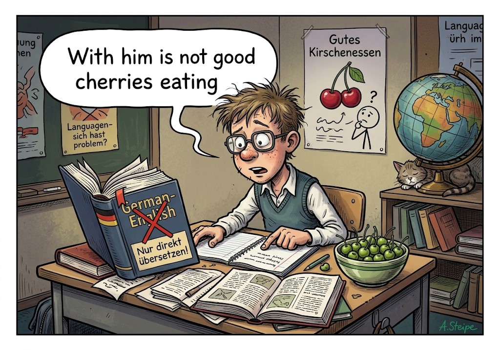 Sch&uuml;ler &uuml;bersetzt Wort f&uuml;r Wort: With him is not good cherries eating