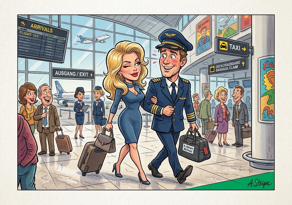 Business-Class-Passagierin nimmt nach dem Flug die Tasche und den Piloten mit