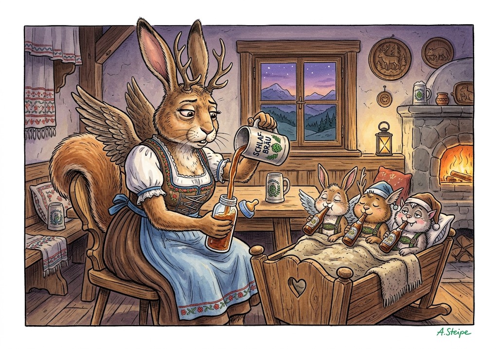 Wolpertinger-Mama schenkt den schlafenden Jungtieren Schlafbr&auml;u ein