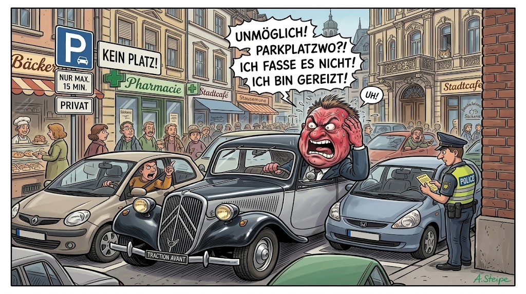 Gereizter Fahrer im Traction Avant Oldtimer bei Parkplatzsuche und Strafzettel in Innenstadt
