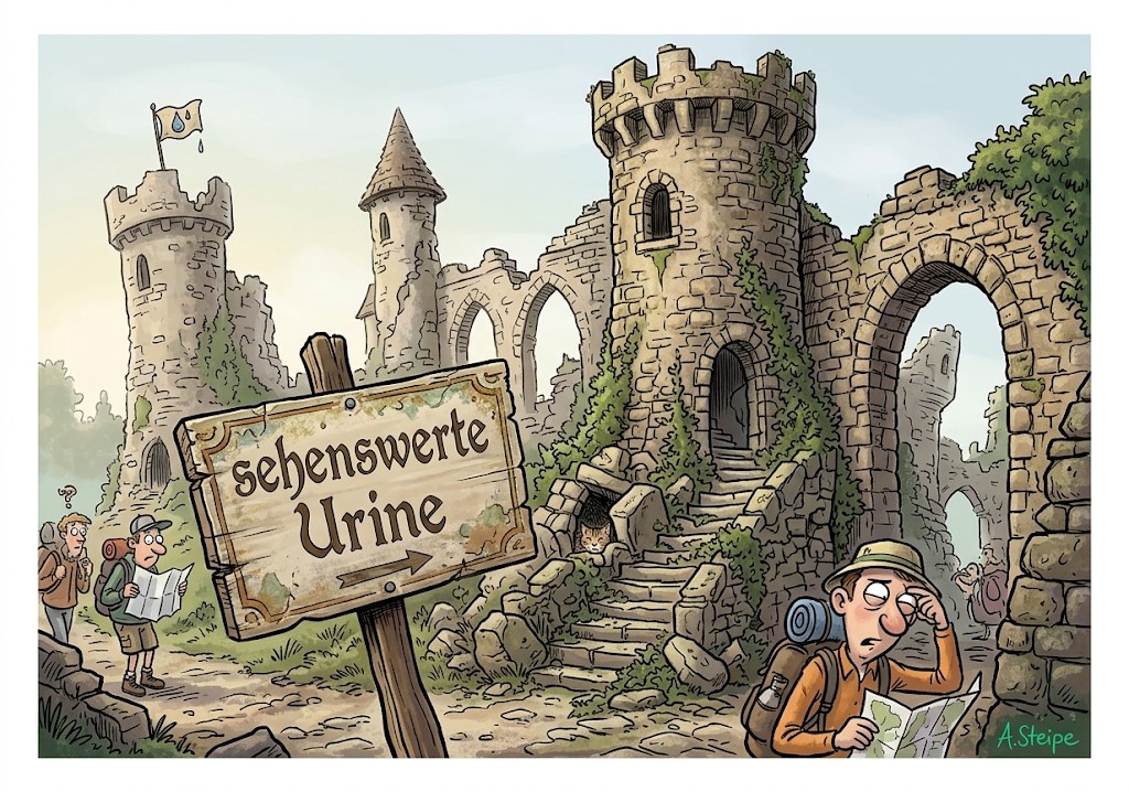 Wanderer an einer Burgruine vor dem Schild sehenswerte Urine