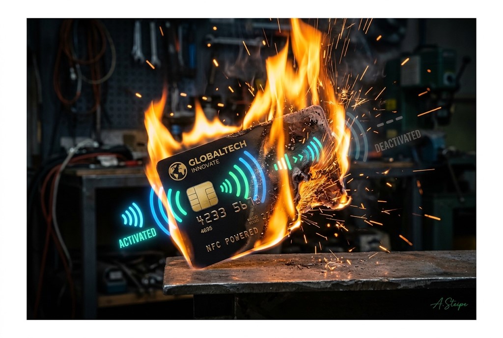 Brennende Bankkarte mit aktivierter und deaktivierter NFC-Kontaktlosfunktion