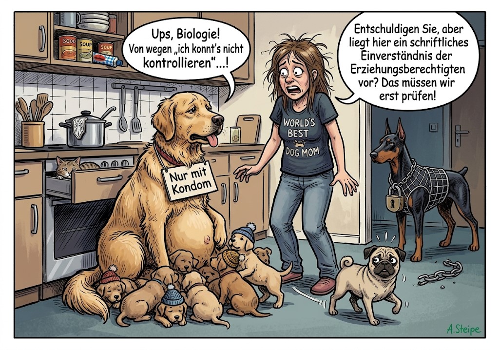 Ups Biologie: H&uuml;ndin mit Welpen und Schild Nur mit Kondom in der K&uuml;che