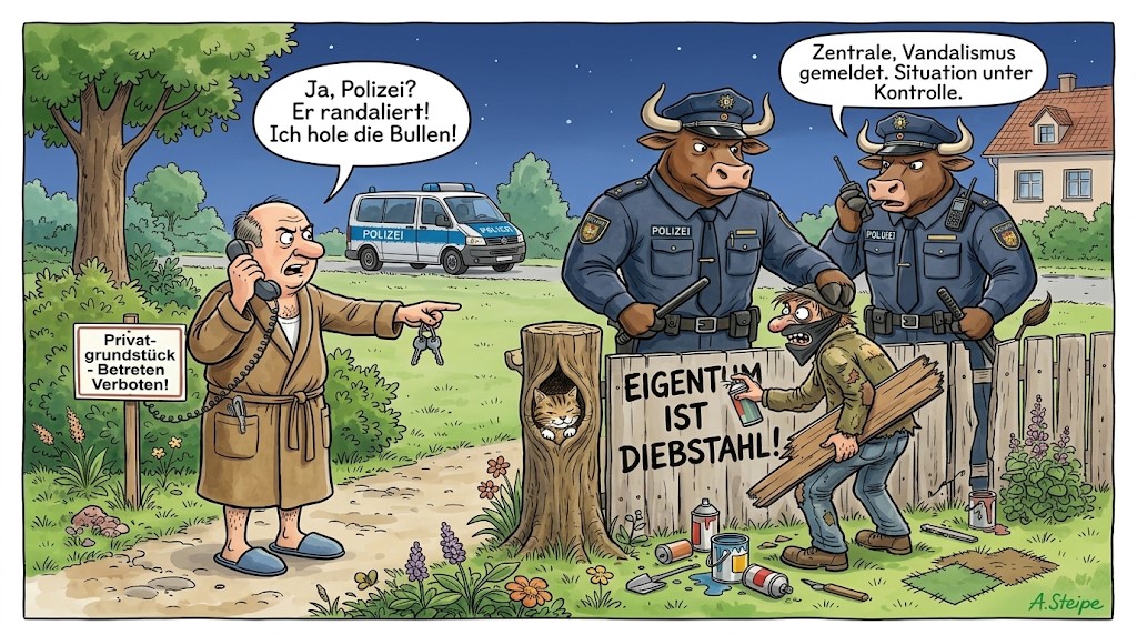 Hausbesitzer ruft die Polizei und zwei echte Bullen in Uniform stellen den Randalierer