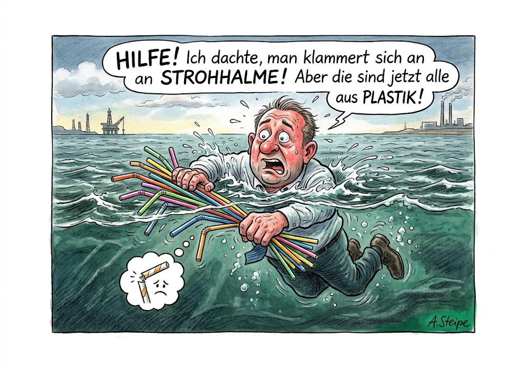 Mann klammert sich im offenen Meer verzweifelt an bunte Plastik-Strohhalme