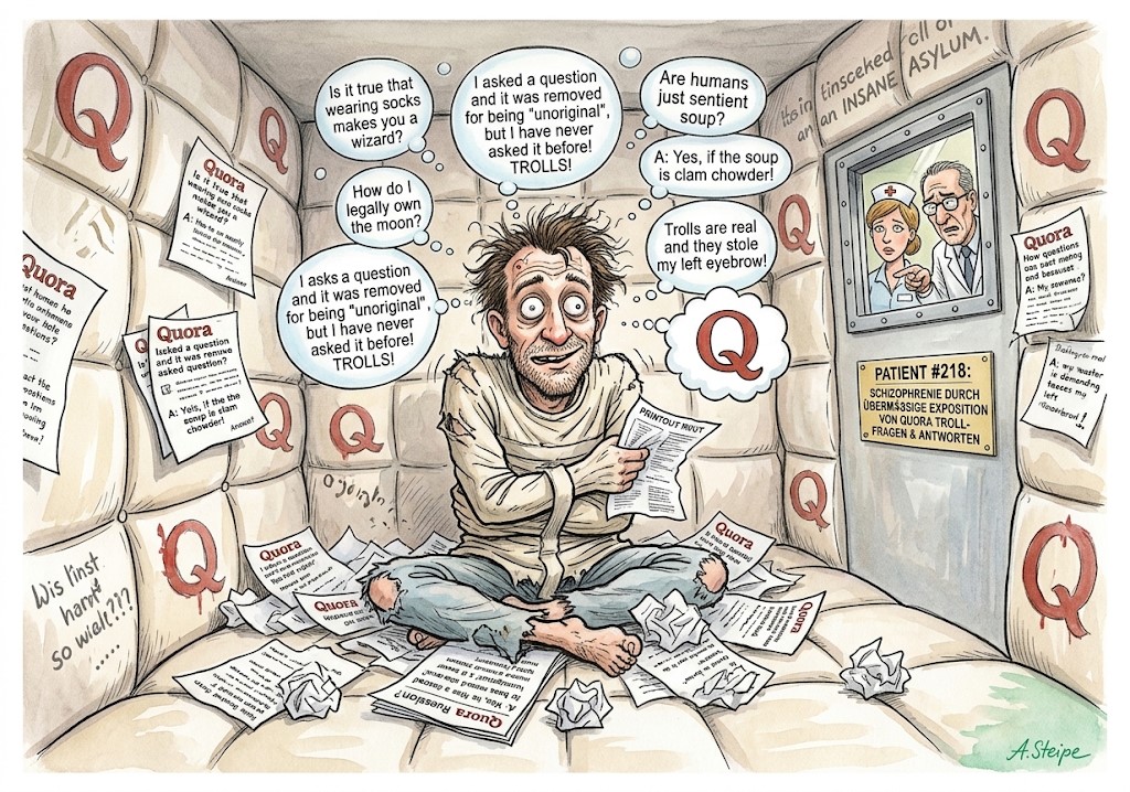 Patient in Gummizelle umgeben von Quora-Trollfragen und Ausdr&uuml;cken