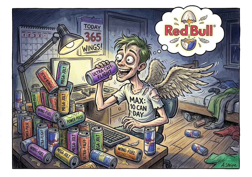 Gamer mit Engelsfl&uuml;geln umgeben von Bergen leerer Energydrink-Dosen
