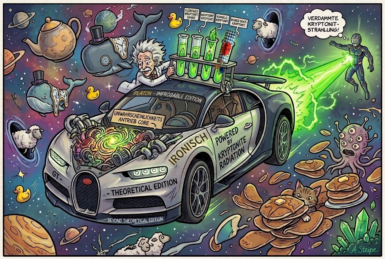 Theoretisches Hypercar mit Unwahrscheinlichkeitsantrieb und Raumkr&uuml;mmung