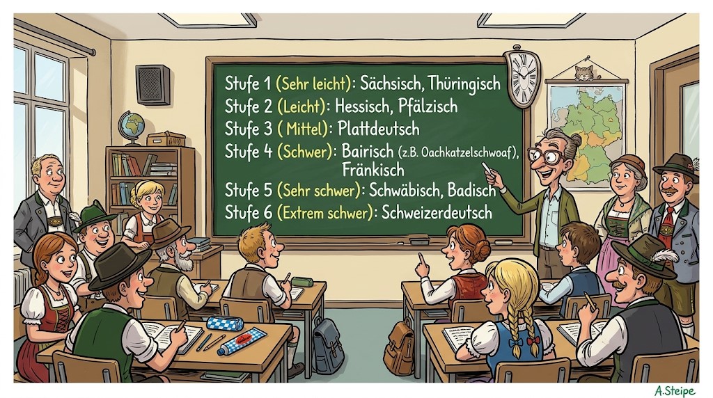 Klassenzimmer mit Dialekt-Stufen von S&auml;chsisch bis Schweizerdeutsch an der Tafel