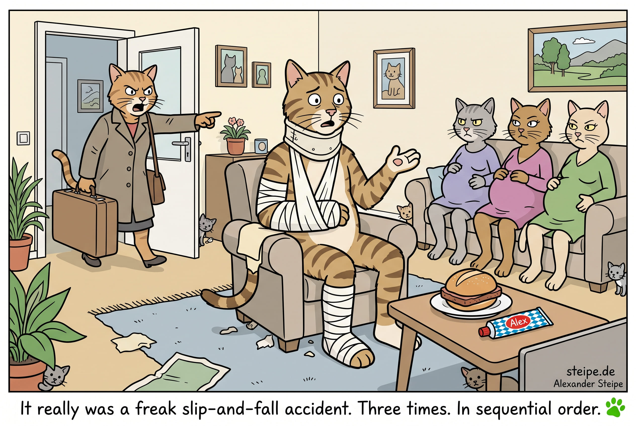 It really was a freak slip-and-fall accident. Three times. In sequential order.