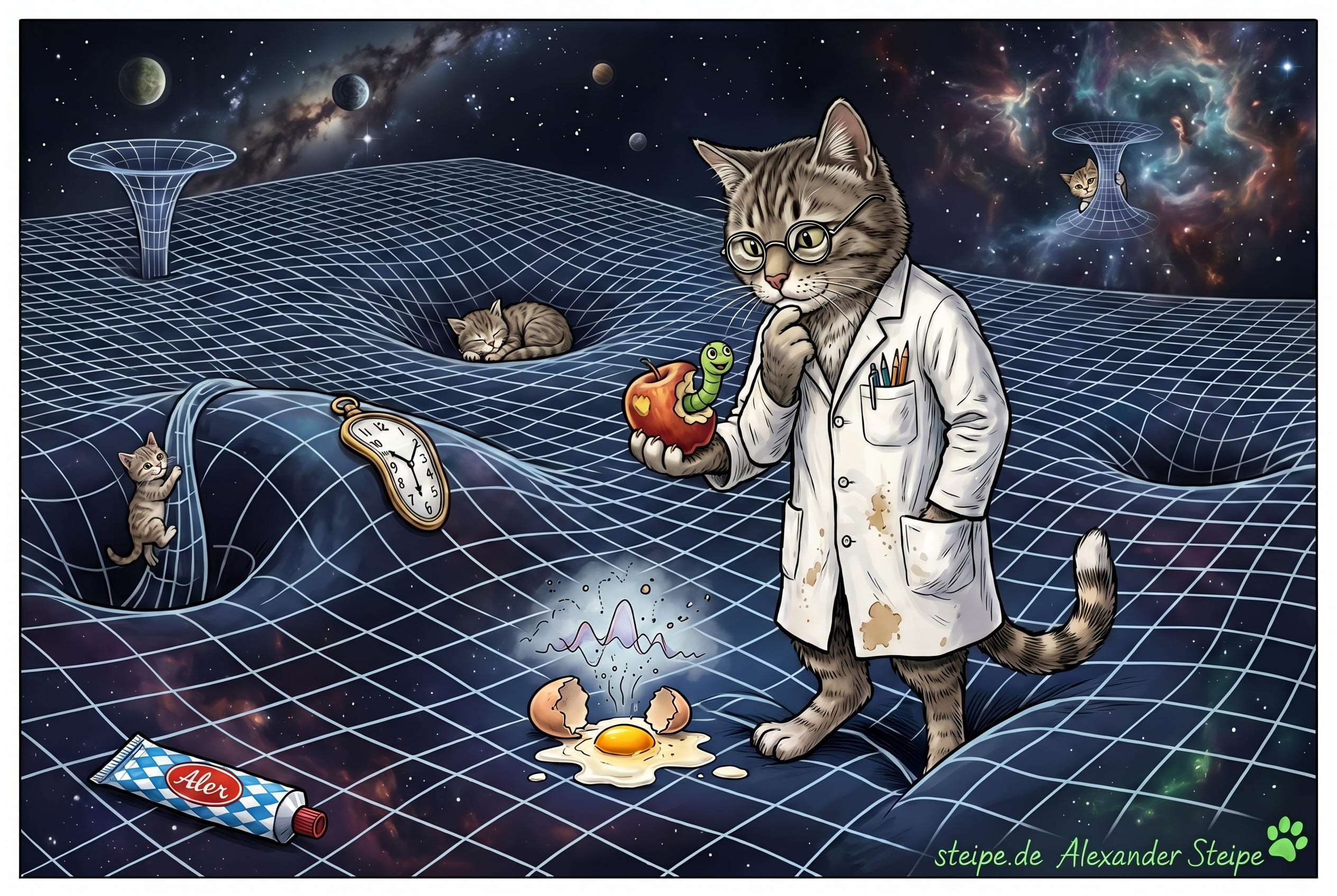 When Cats Curve Physics: Spacetime, Entropy, and Schrödinger's Paradox